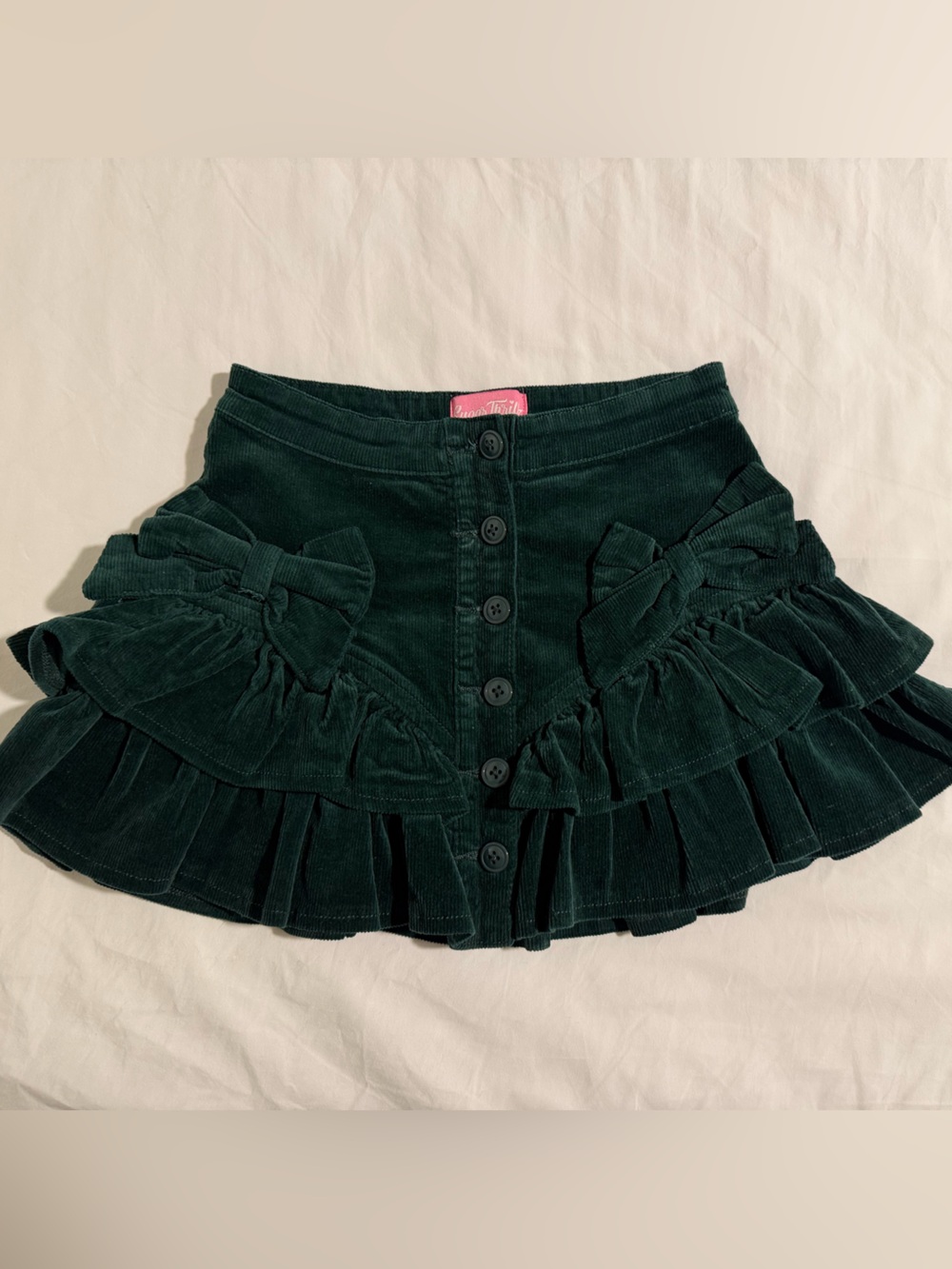 DOLLS KILL SUGAR THRILLZ Dark Green Velvet Ruffle Mini Skirt with Bows